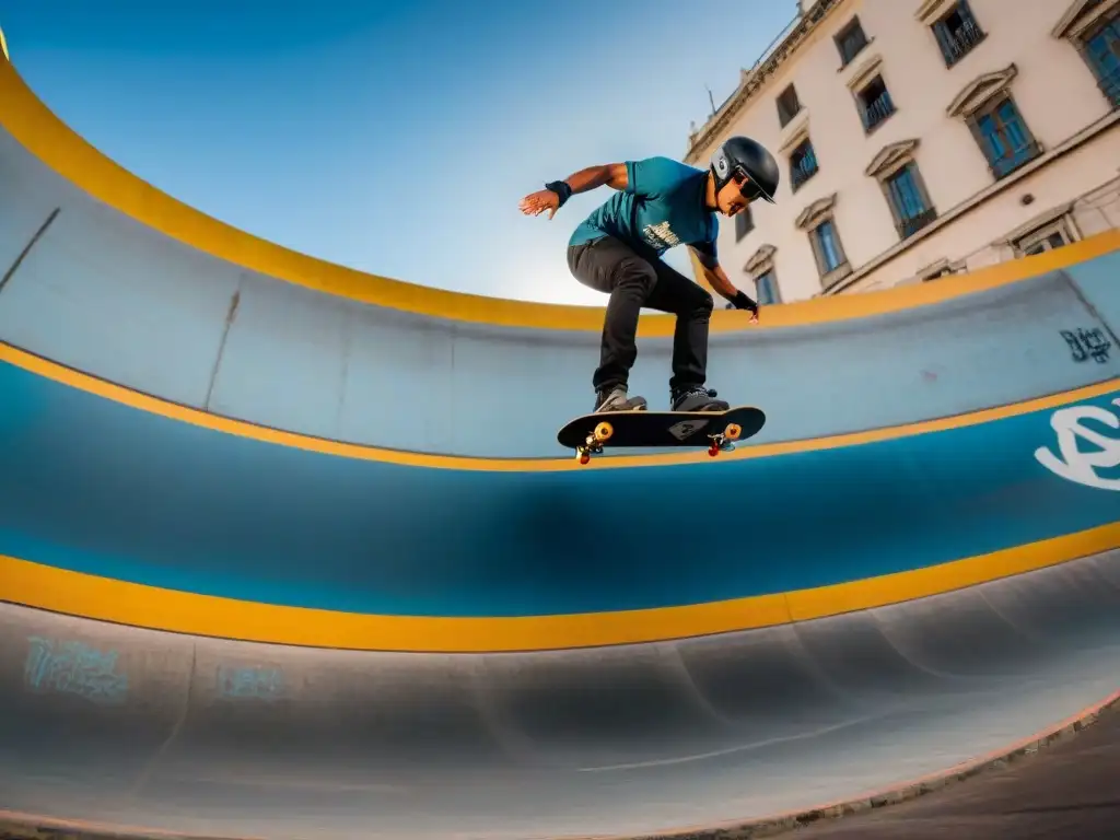 Skaters y BMXers demostrando su destreza en un skatepark urbano de Montevideo, Uruguay