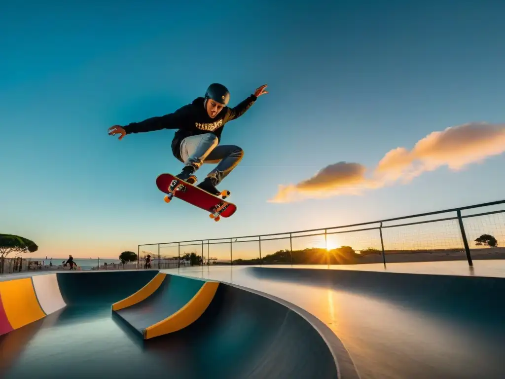 Skaters expertos realizando trucos al atardecer en moderno skatepark de Punta del Este, con graffiti vibrante