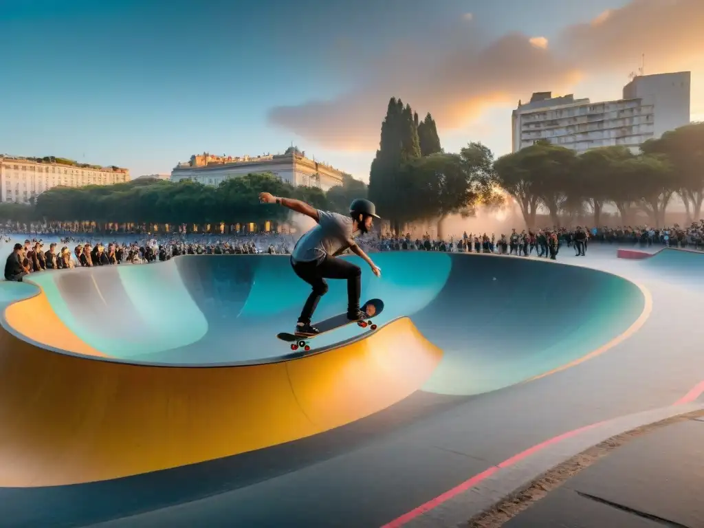 Skaters demostrando habilidades en skatepark vibrante de Montevideo al atardecer