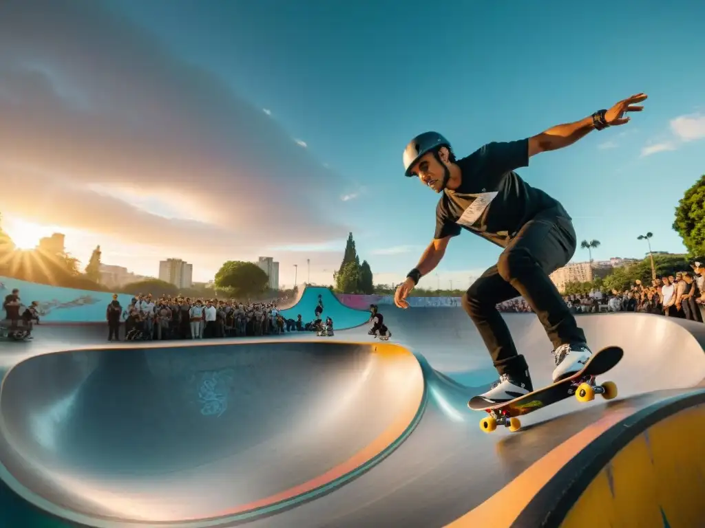 Skaters y riders influyentes de Uruguay mostrando sus habilidades en un bullicioso skate park urbano, rodeados de graffiti vibrante y camaradería