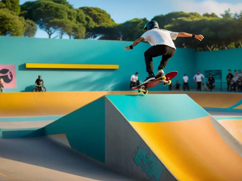 Skaters y riders influyentes de Uruguay demostrando sus habilidades en un vibrante skatepark urbano al atardecer