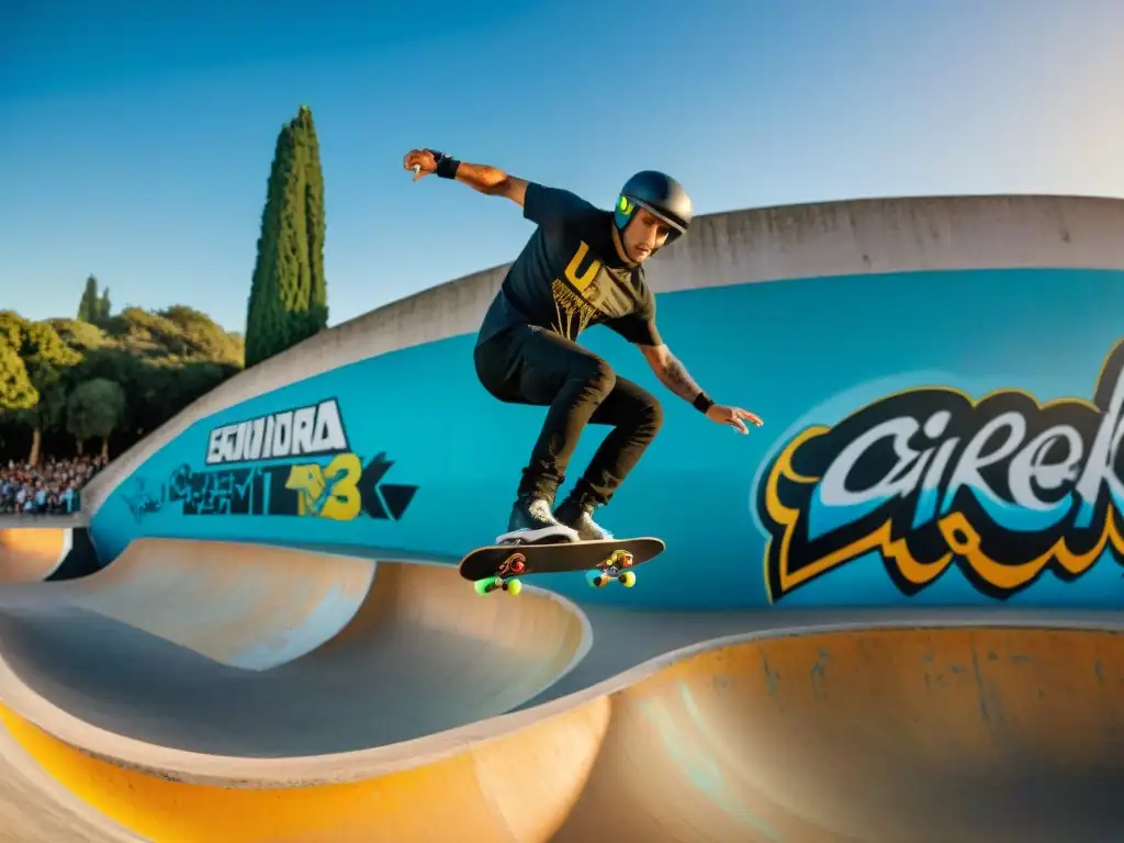 Skaters y riders influyentes en Uruguay demostrando su talento en un popular skatepark, rodeados de grafitis vibrantes y espectadores asombrados