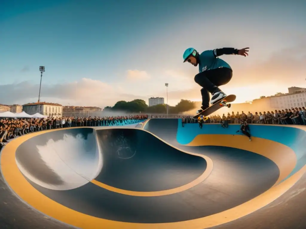 Skaters y riders influyentes de Uruguay realizando trucos en un skatepark al atardecer, rodeados de graffiti y espectadores emocionados