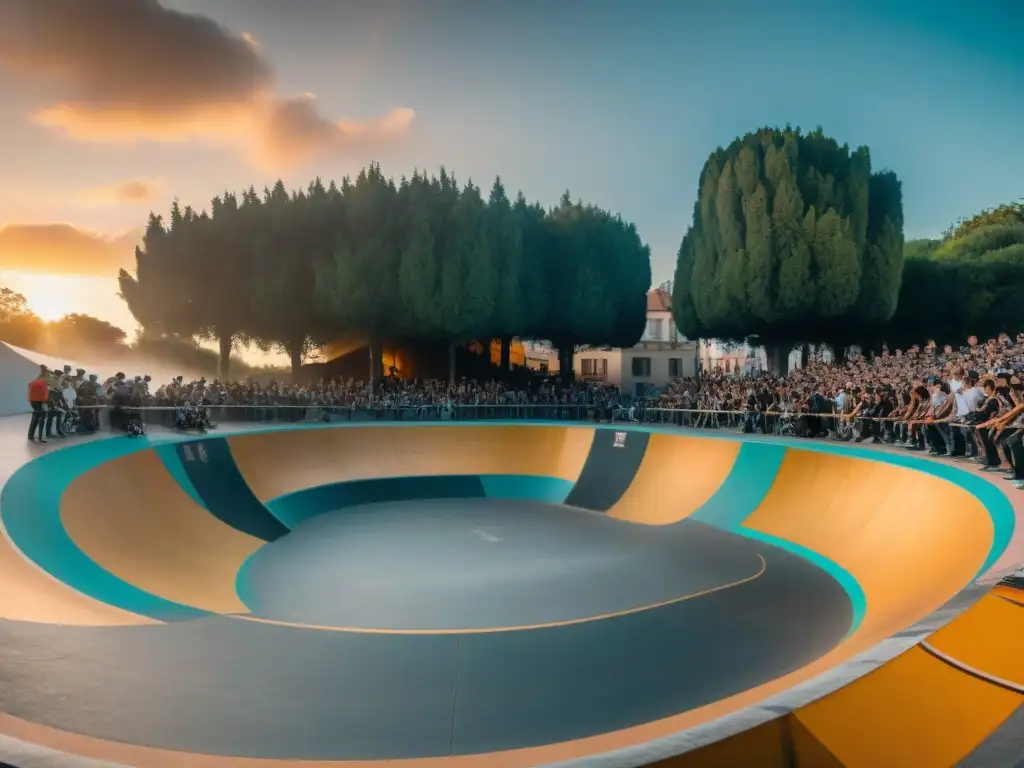 Skaters y riders de BMX disfrutan juntos en un skatepark de Uruguay al atardecer, reflejando la amistad y comunidad