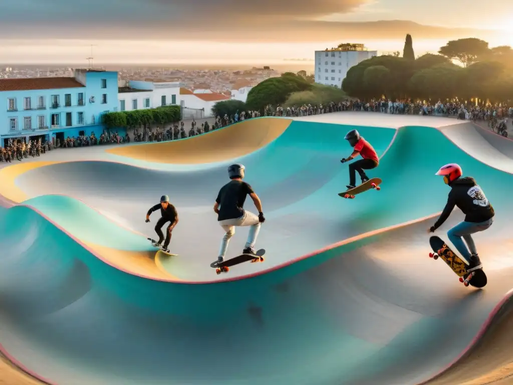 Skaters y riders de BMX disfrutan juntos en un vibrante skatepark al atardecer en Uruguay, transmitiendo amistad y comunidad