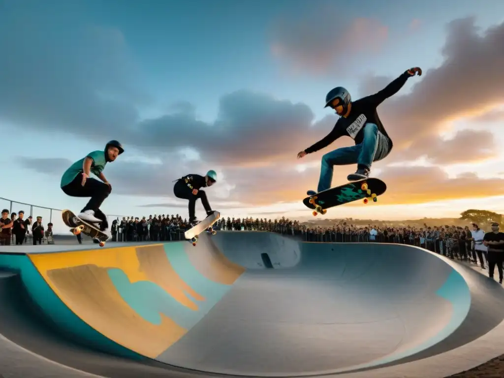 Skaters y BMX riders en skatepark de Uruguay al atardecer, con trucos impresionantes y energía vibrante