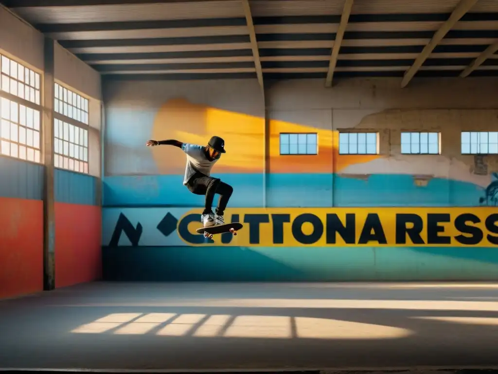 Skaters realizan trucos al atardecer en un almacén abandonado de Montevideo