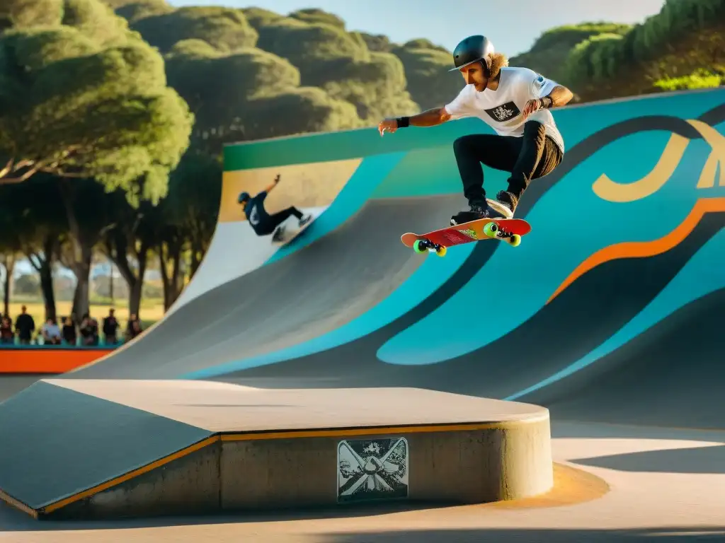 Skaters realizando trucos en un parque skate oculto en un bosque de Uruguay, con murales vibrantes de fondo