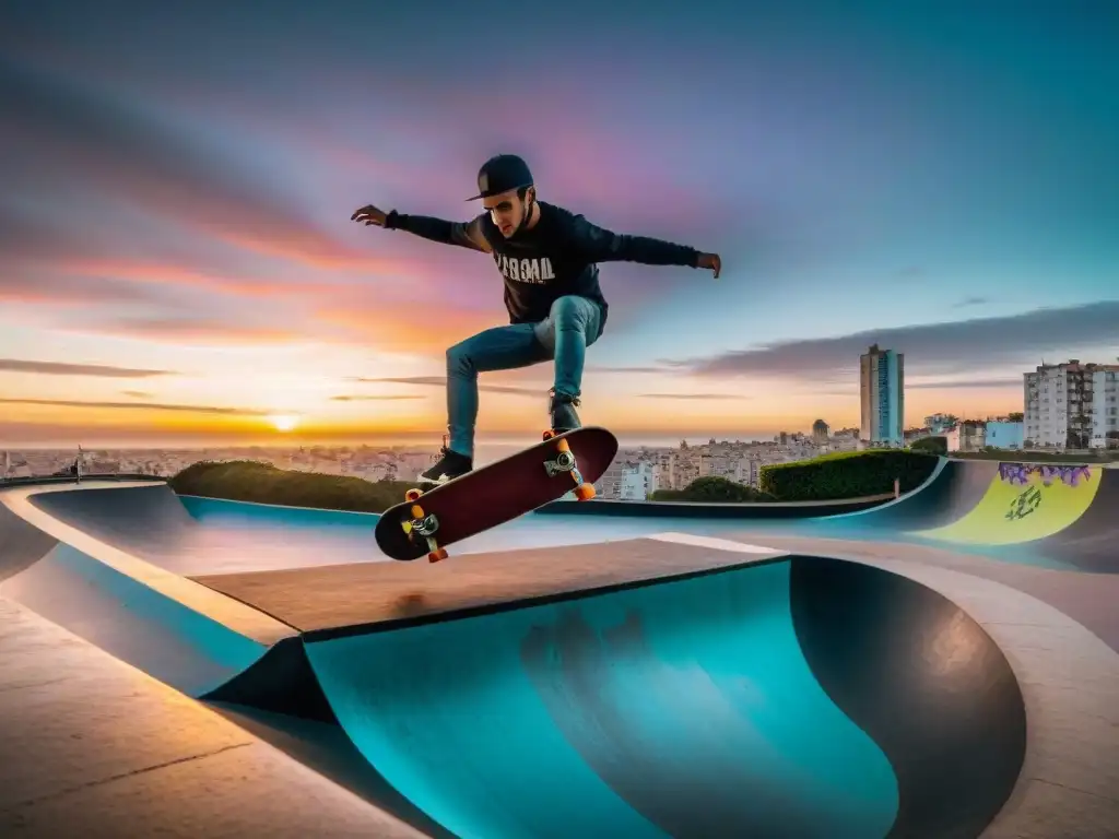 Skaters ejecutando trucos en vibrante parque skate de Montevideo al atardecer