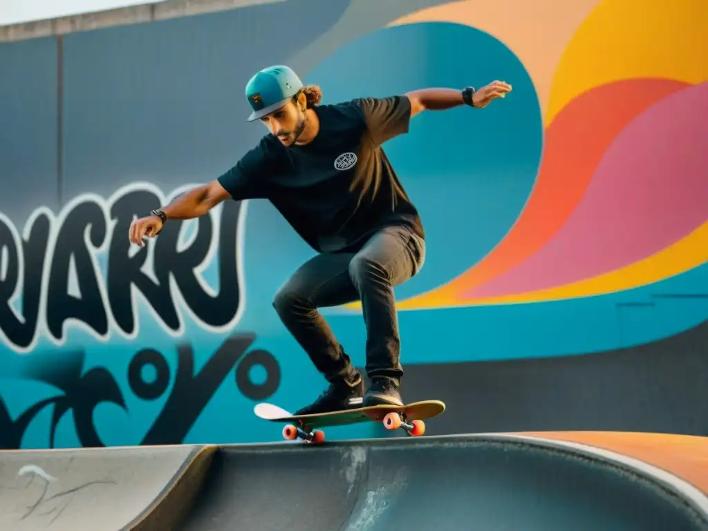 Skaters ejecutando trucos en vibrante skatepark en Montevideo, Uruguay