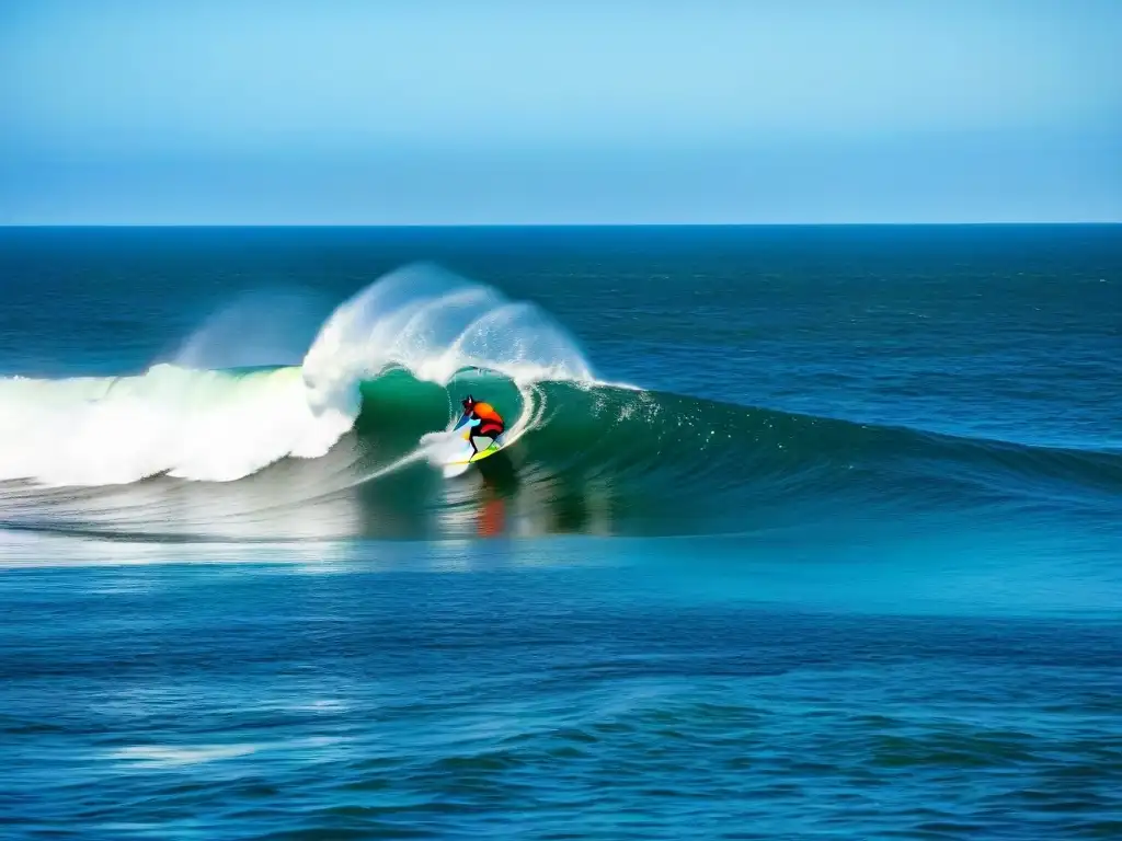 Skilled bodyboarders surfeando olas en Punta del Este, Uruguay, con La Mano al fondo