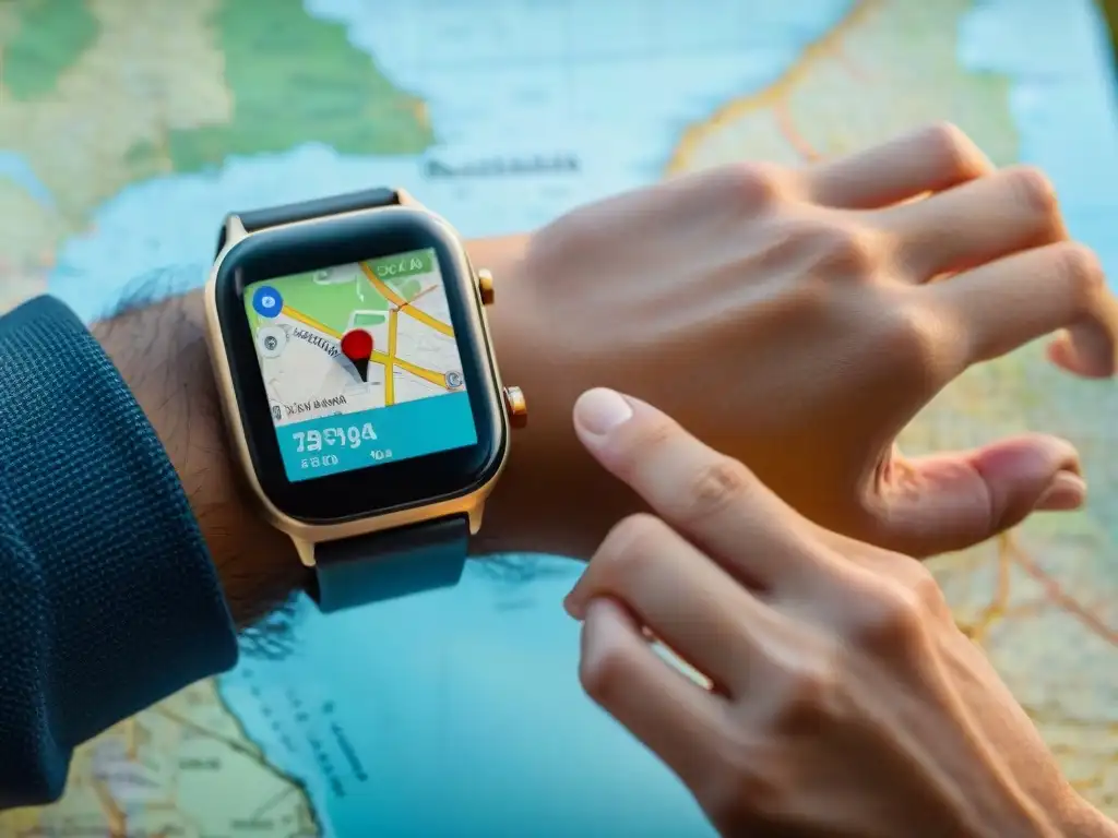 Smartwatch con mapa de Uruguay y apps de navegación, en mesa de madera con mate y gafas