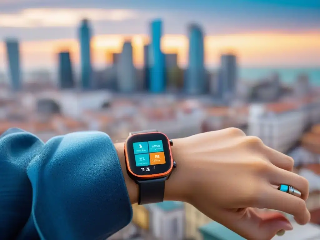 Explorando Uruguay: Smartwatch muestra mapa detallado de Montevideo Explora Uruguay con un smartwatch: mapa detallado de Montevideo en la muñeca de un viajero, fusionando tecnología y aventura