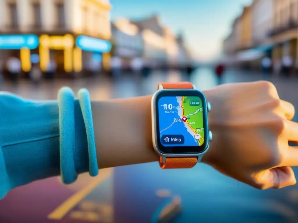 Smartwatch con mapa digital de Uruguay en la muñeca del viajero Explora Uruguay con un smartwatch: mapa digital vibrante en la muñeca del viajero, símbolos de pago sin contacto