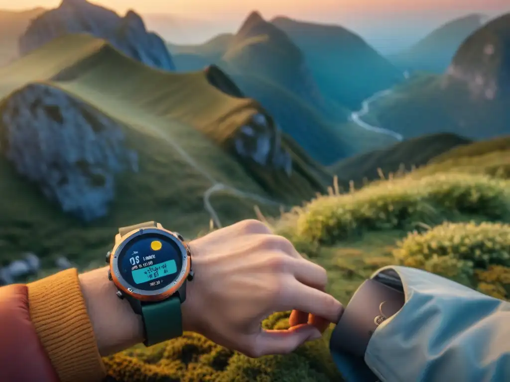 Un smartwatch con panel solar en la muñeca de un excursionista, mostrando métricas de actividad al aire libre al atardecer en las montañas de Uruguay