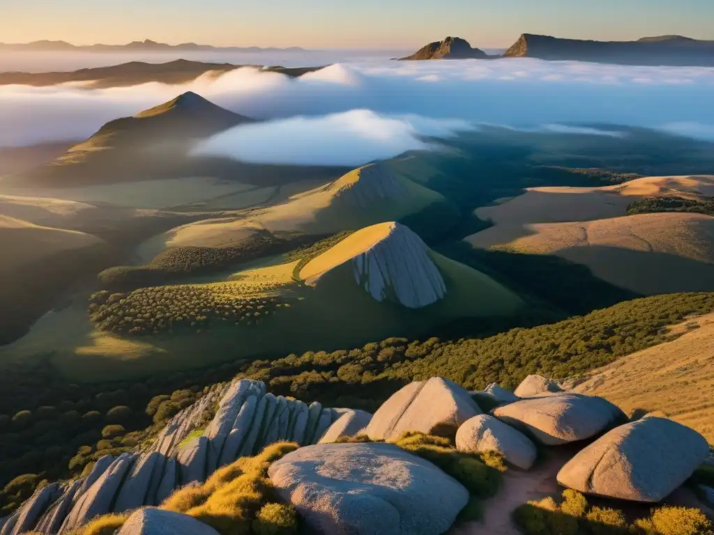 El sol se pone detrás de majestuosas formaciones rocosas en Sierra de las Ánimas, Uruguay