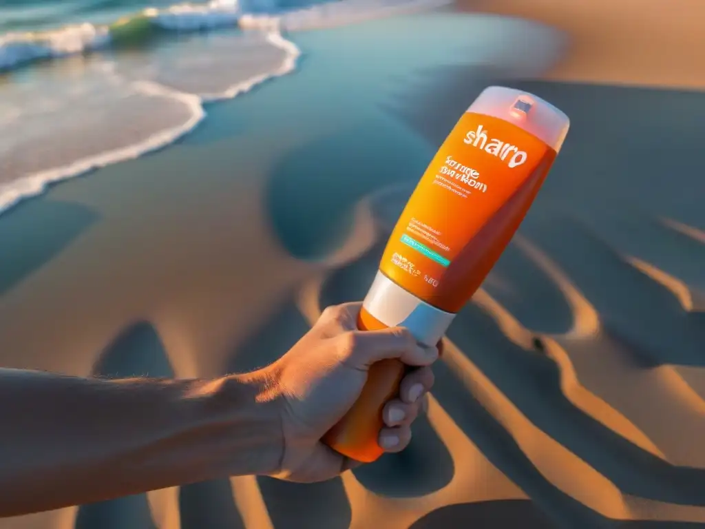 Protección solar para aventuras en Uruguay: crema naranja en brazo bronceado en la playa