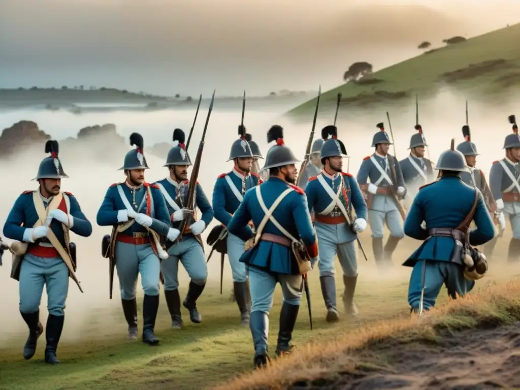 Soldados en reencuentro de la Batalla de Las Piedras Uruguay: uniformes detallados, caos y determinación en sus ojos