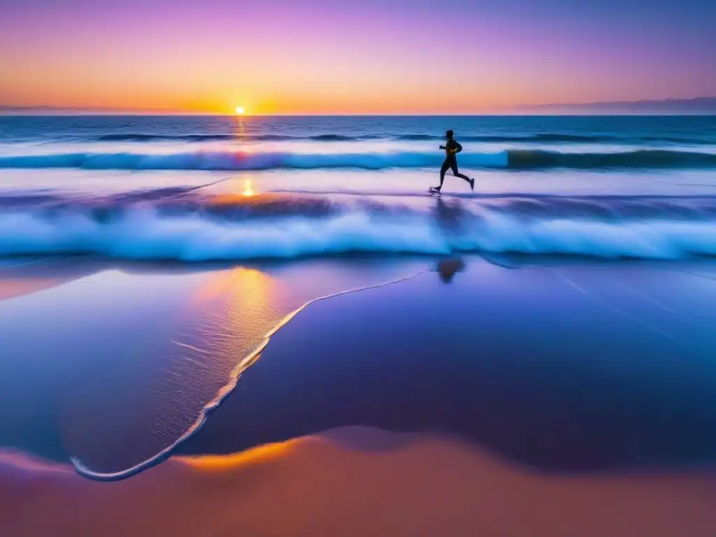 Runner solitario disfruta amanecer dorado en playa de Uruguay