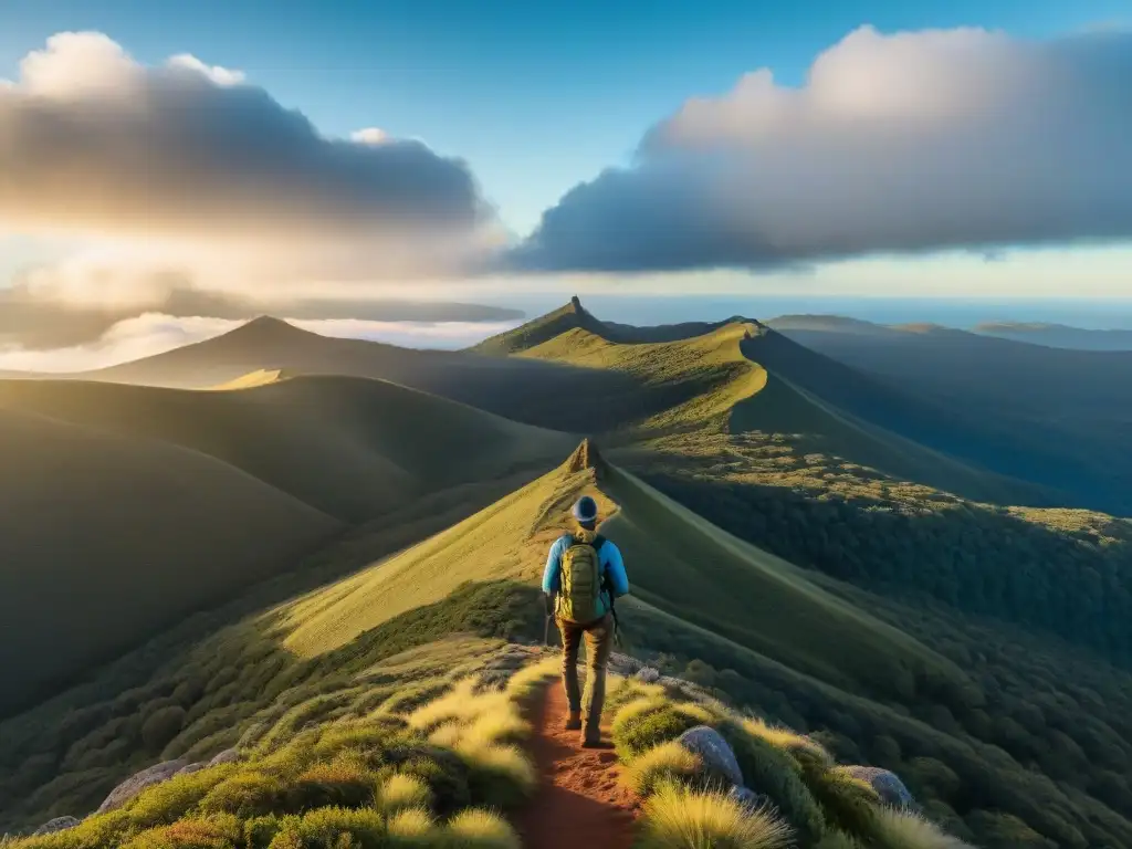 Un solitario excursionista admira la vasta naturaleza de Uruguay con su equipamiento trekking minimalista