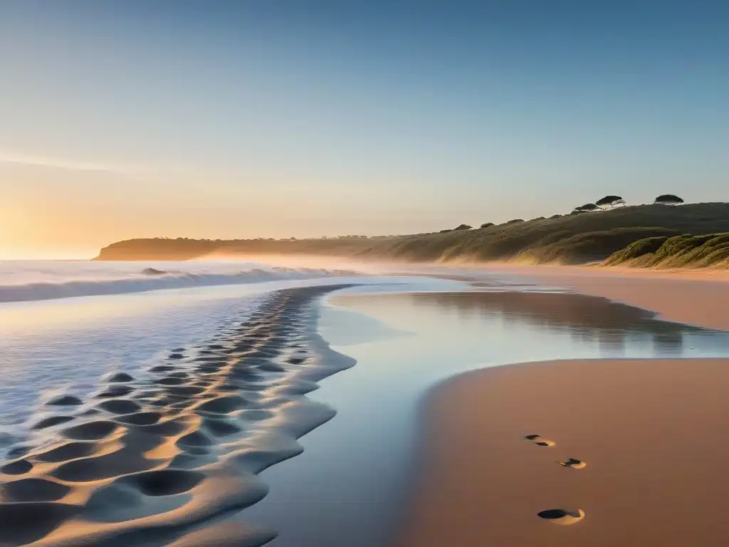 Runner solitario deja huellas en la arena húmeda al amanecer en Playa Brava, Punta del Este