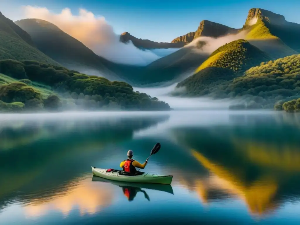 Kayak solitario en lago al amanecer en Uruguay, rodeado de naturaleza exuberante