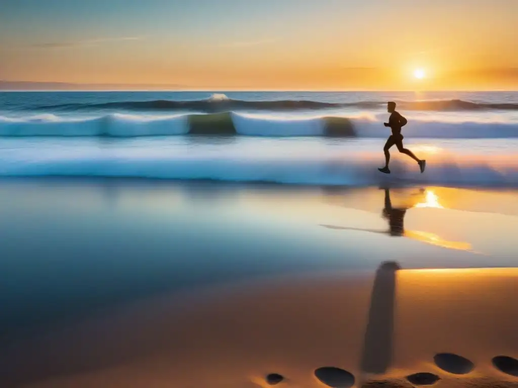 Runner solitario al amanecer en las mejores playas para correr Uruguay, en Punta del Este