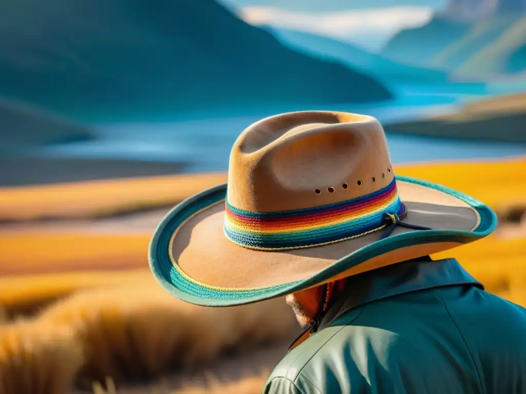 Un sombrero de gaucho uruguayo, tejido con hilos coloridos, contra las llanuras doradas de Uruguay con un gaucho a lo lejos