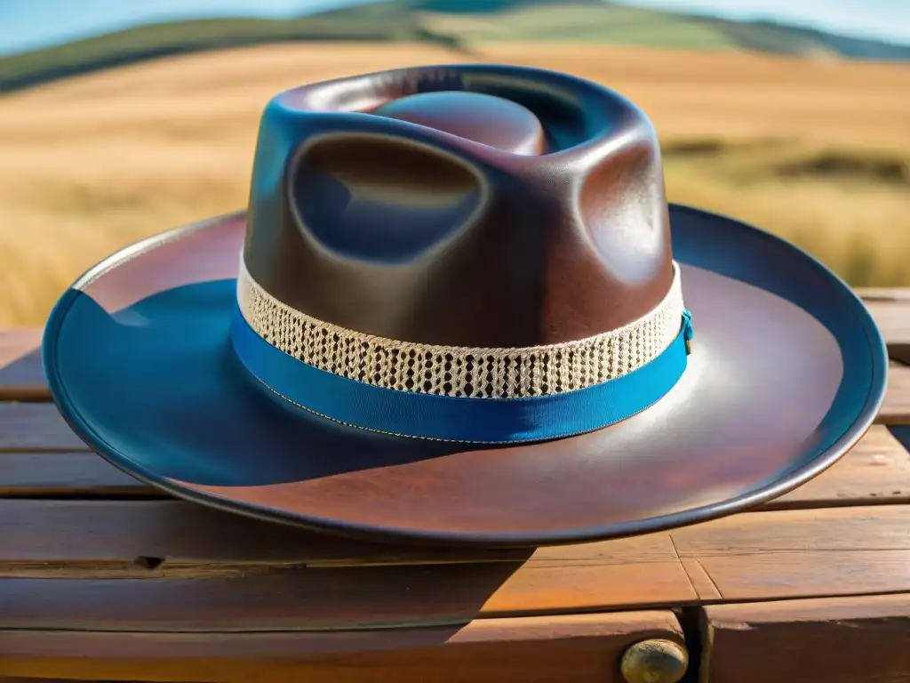 Un sombrero gaucho uruguayo 'bombacha' de cuero oscuro detallado bajo el sol en la campiña uruguaya