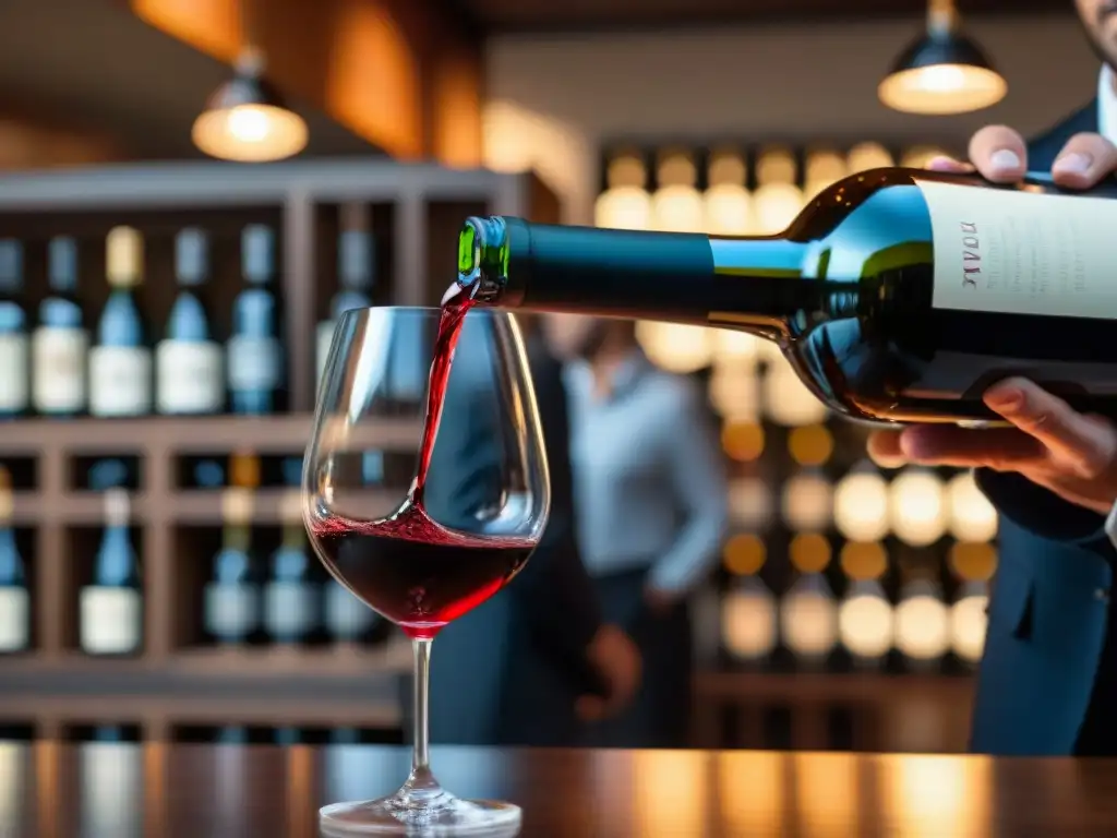 Un sommelier vierte con destreza un vino tinto Tannat uruguayo en una copa de cristal, en un ambiente sofisticado de catas de vino Uruguay