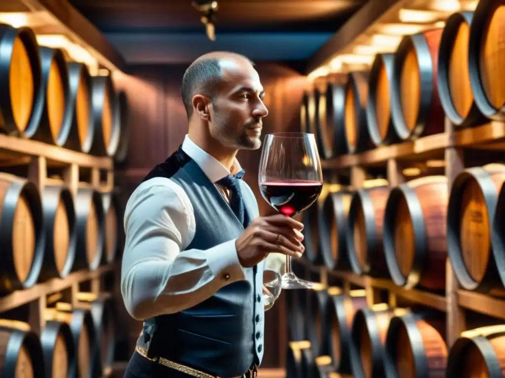 Un sommelier experto remueve elegantemente una copa de vino tinto en una bodega rústica