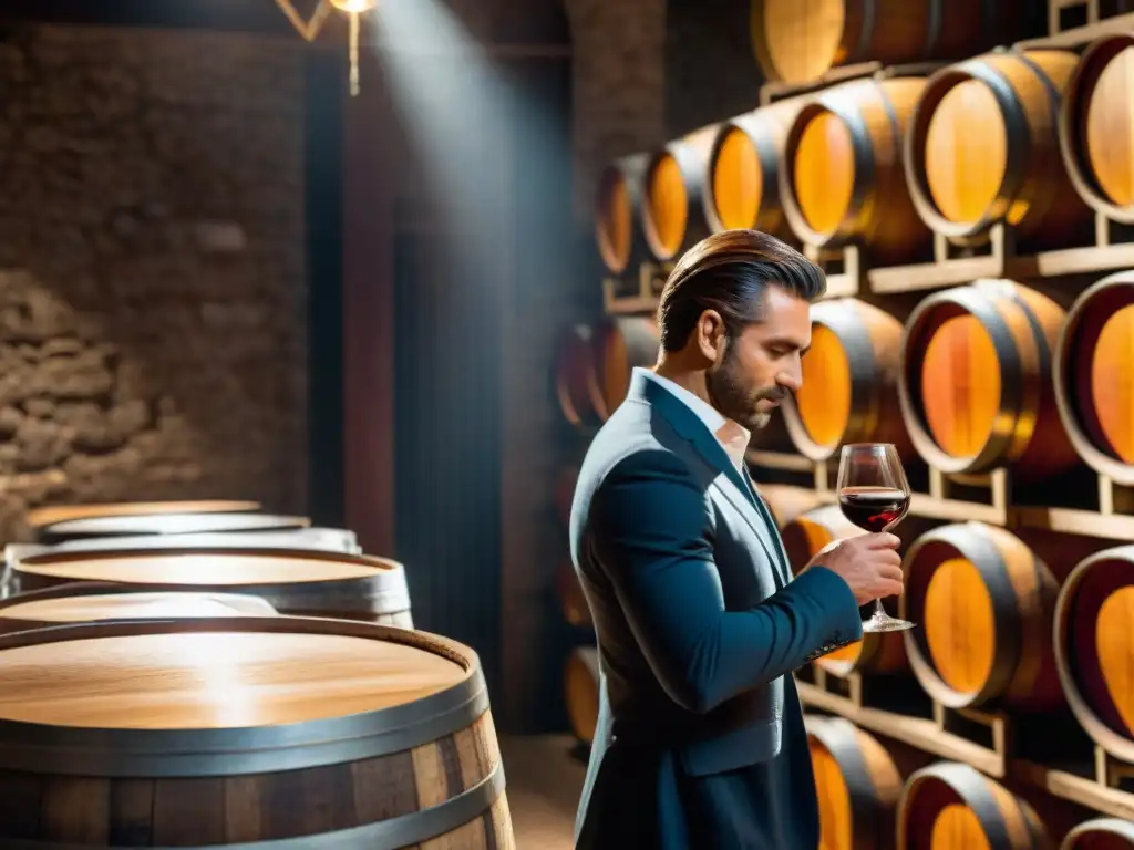 Sommelier experto en bodega uruguaya, girando vino Tannat Un sommelier experto remueve un vino Tannat en una bodega uruguaya, iluminado por cálidas luces industriales