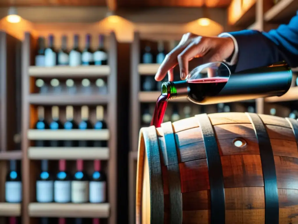 Un sommelier experto removiendo vino tinto Tannat uruguayo en copa, con barril y botellas de vino de Uruguay al fondo