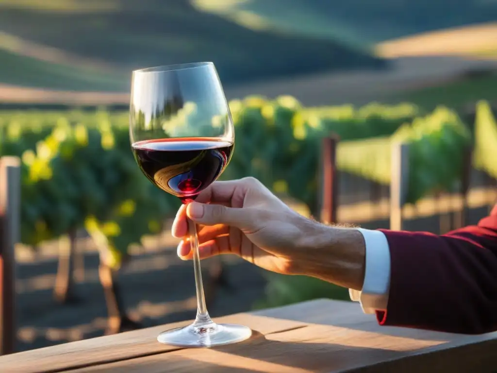 Un sommelier en plena degustación de vino Tannat Uruguay, entre uvas frescas y mapa del viñedo, con luz natural