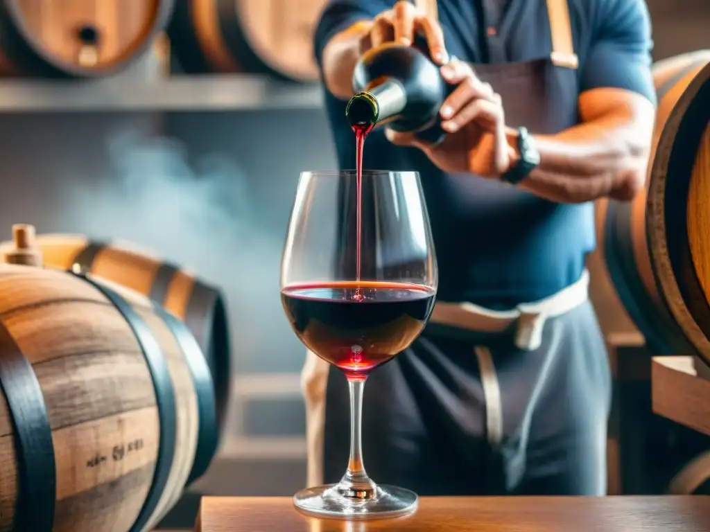 Un sommelier sirviendo vino Tannat de Uruguay en una bodega atmosférica