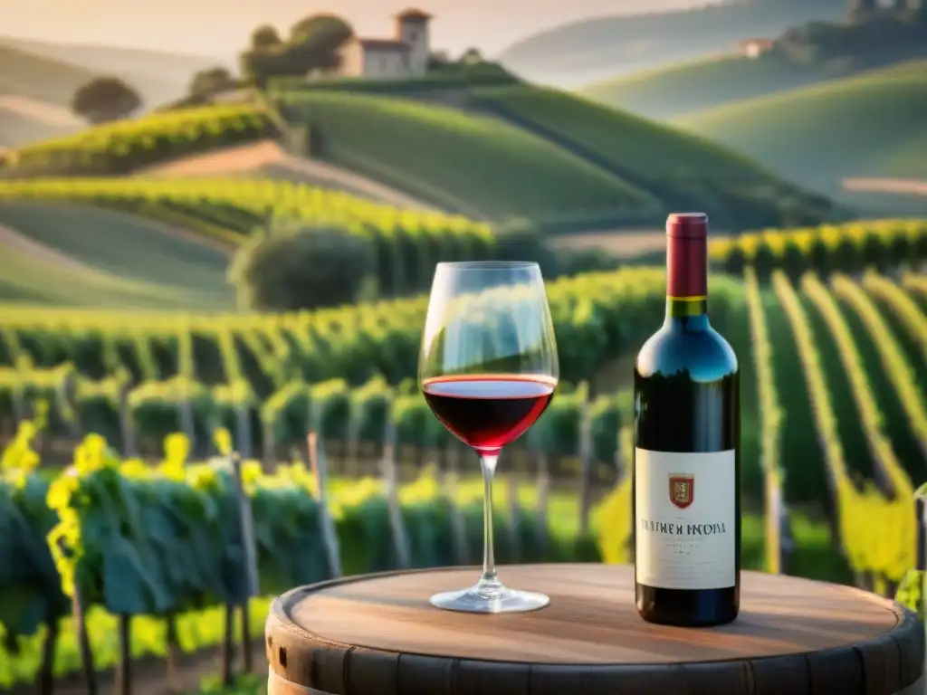 Un sommelier vierte vino tinto en una copa de cristal en un viñedo al atardecer, destacando el maridaje vinos platos autor Uruguay