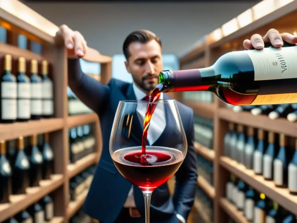 Un sommelier vierte expertamente un vino Tannat rojo intenso de Uruguay, rodeado de lujo y expertise