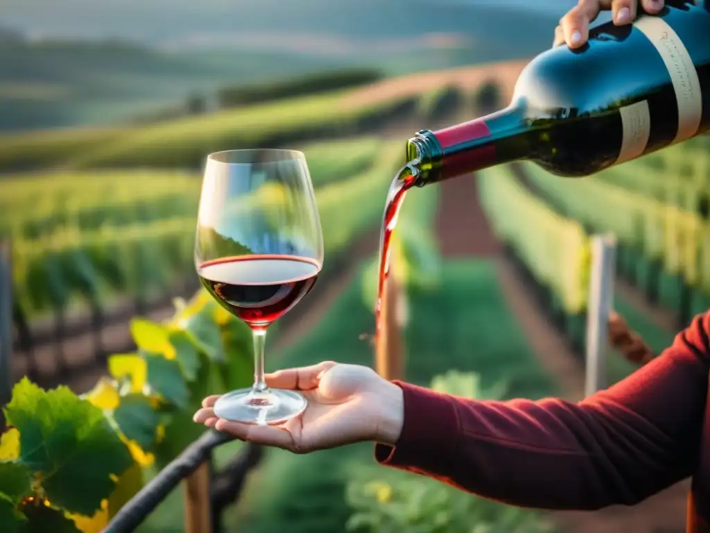 Un sommelier sirviendo vino Tannat en un viñedo de Uruguay al atardecer