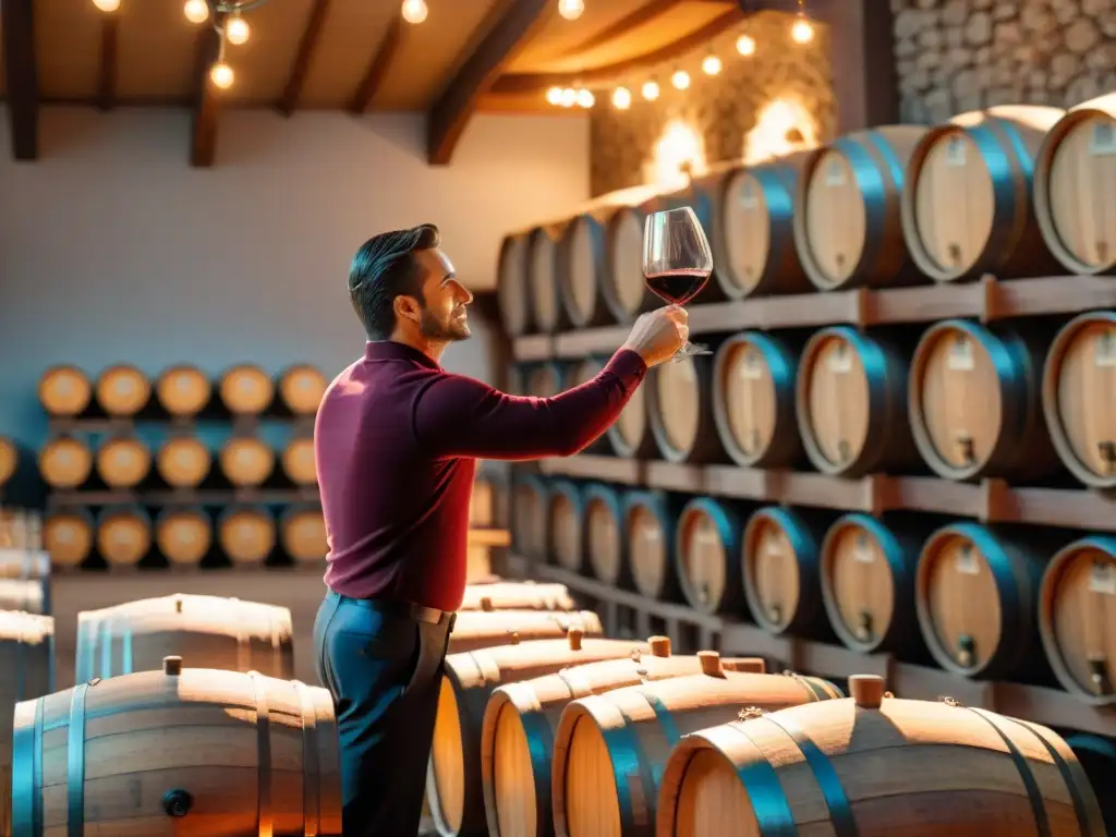 Un sommelier vierte vino tinto de un barril en bodega uruguaya, creando ambiente acogedor