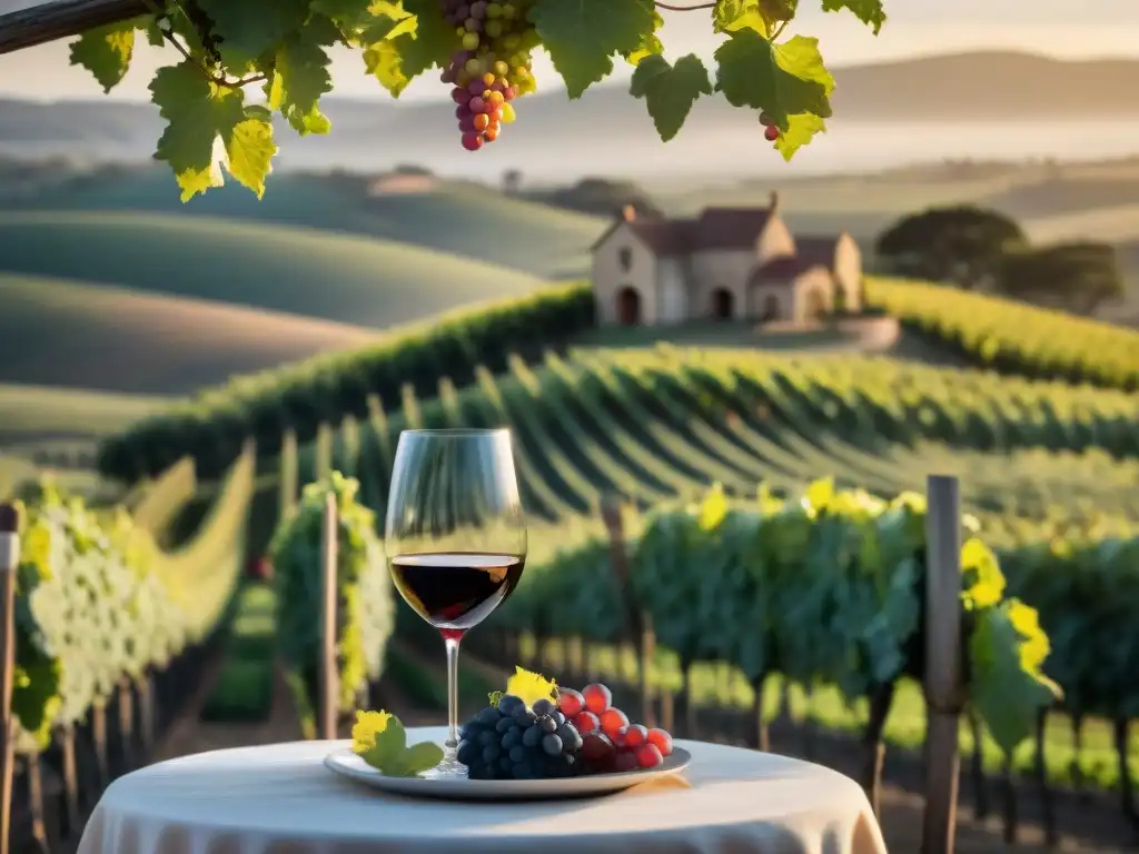 Un sommelier sirve vino en un viñedo de Uruguay al atardecer, maridaje vinos platos autor Uruguay