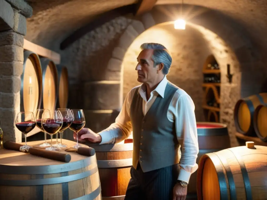 Degustación de vinos con sommeliers en bodega uruguaya Sommeliers en bodegas uruguayas: Expertos catan vino en ambiente de camaradería y aprendizaje en bodega iluminada