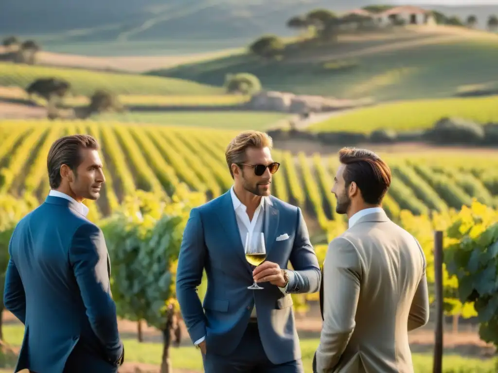 Sommeliers catando vinos al atardecer en viñedo uruguayo Sommeliers en bodegas uruguayas disfrutan de una cata al atardecer, entre colinas y viñedos, en un ambiente de refinamiento y pasión por el vino