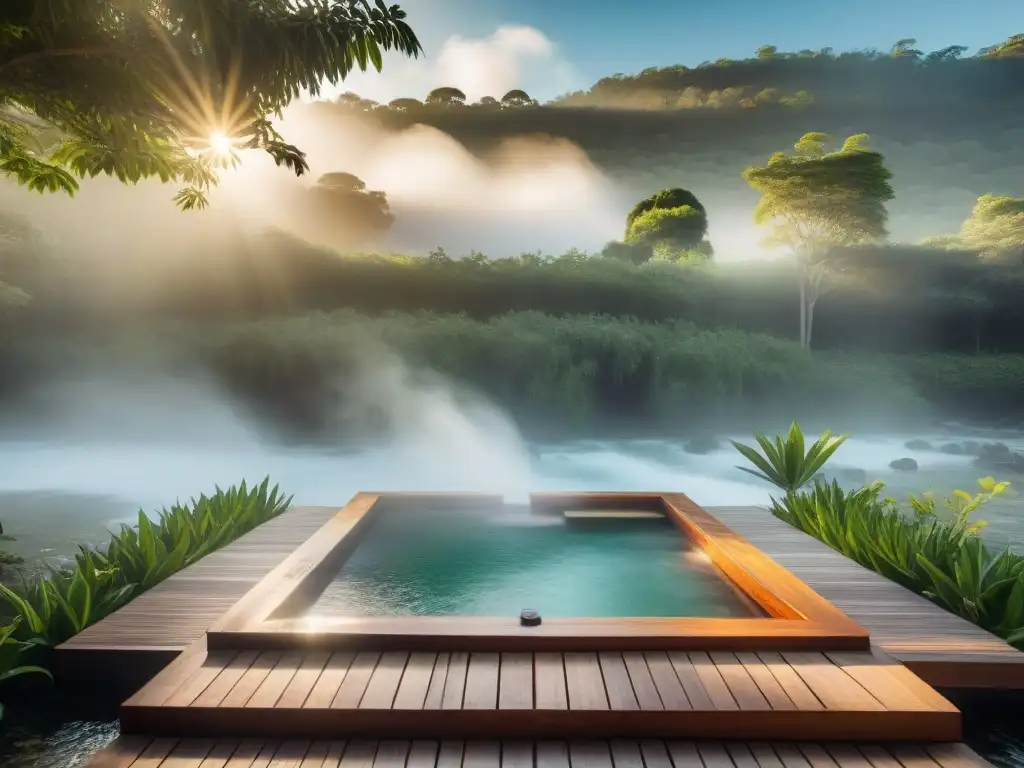 Un spa al aire libre en Uruguay, rodeado de exuberante vegetación con una bañera de madera y vapor, creando un ambiente tranquilo y acogedor