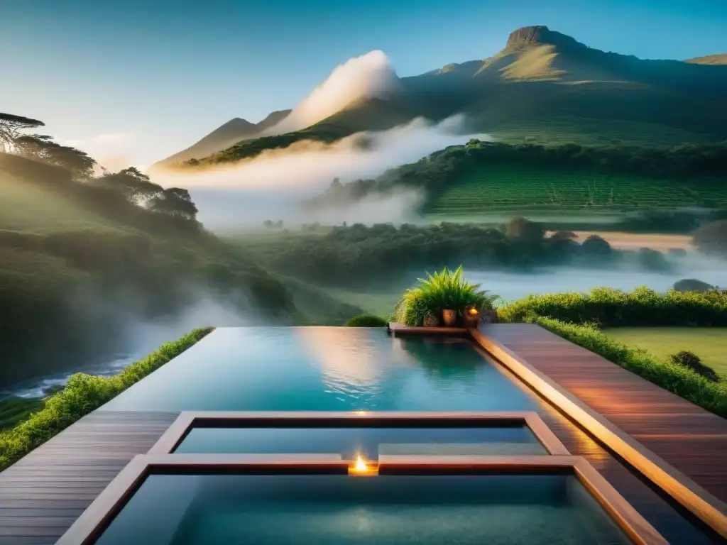 Un spa al aire libre en Uruguay: aguas termales rodeadas de vegetación exuberante y montañas, transmitiendo armonía y relajación