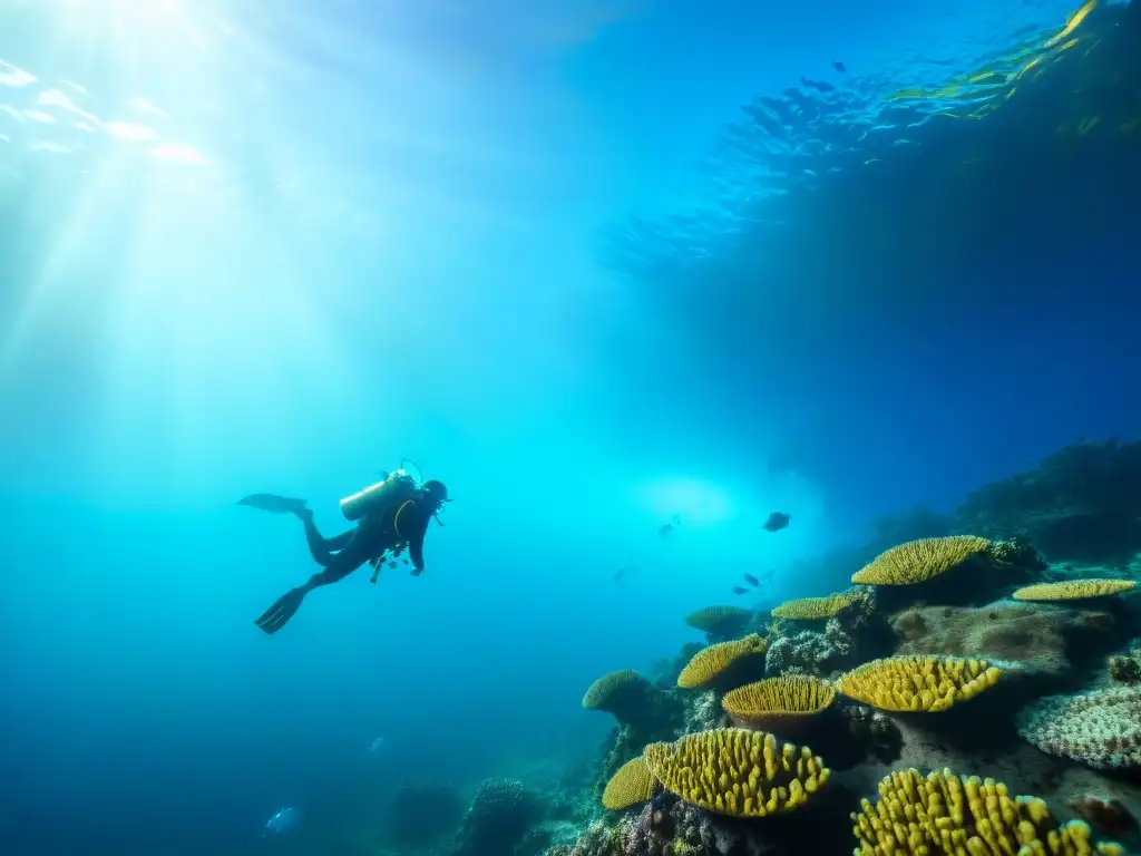 Exploración submarina con equipo de buceo en vibrante arrecife de coral en aguas de Uruguay