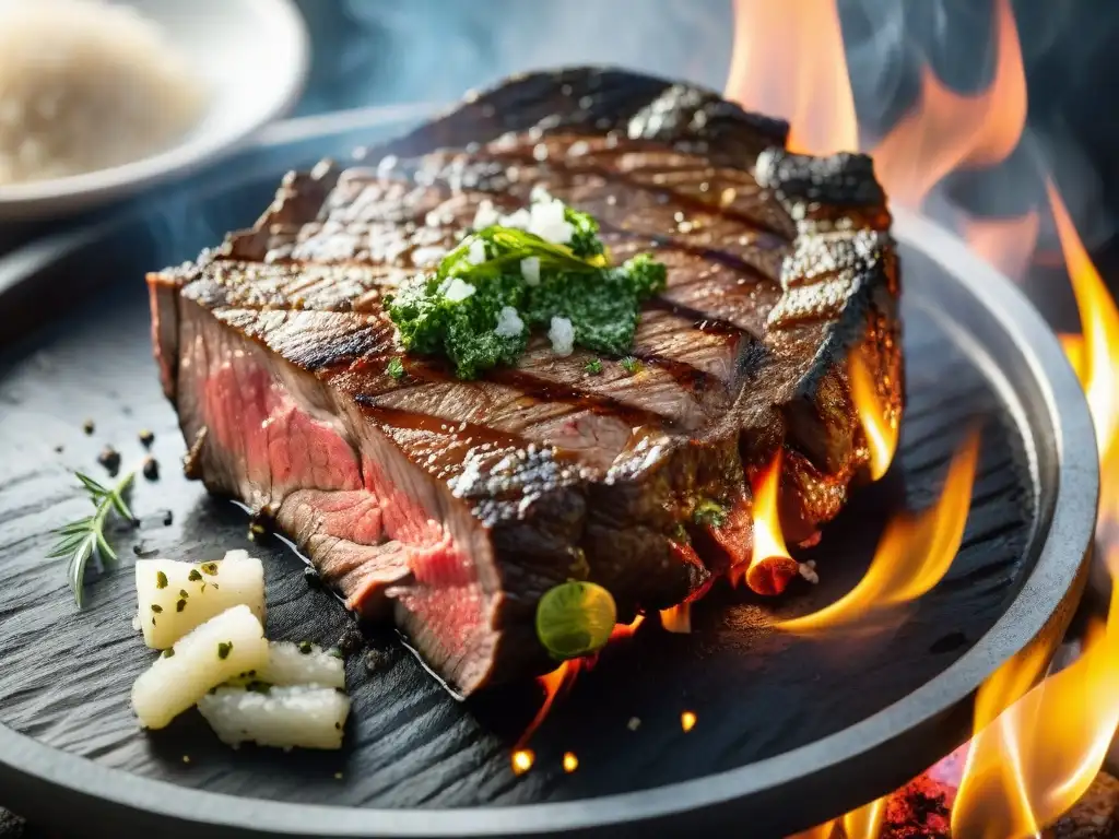 Un suculento churrasco a punto, con chimichurri y sal marina, cocinado en una parrilla uruguaya