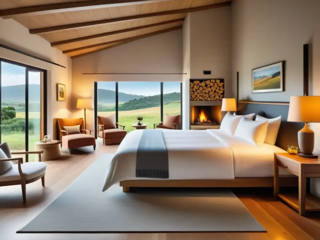 Suite de hotel boutique en Uruguay: cama king size, chimenea, decoración rústica y vistas a colinas