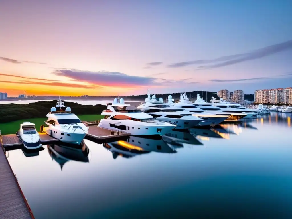 Superyates de lujo en la marina de Punta del Este al atardecer, reflejando opulencia y belleza costera