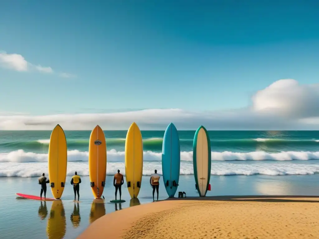 Surf clásico en Uruguay: surfistas en longboards retro disfrutan de las olas en una playa pintoresca