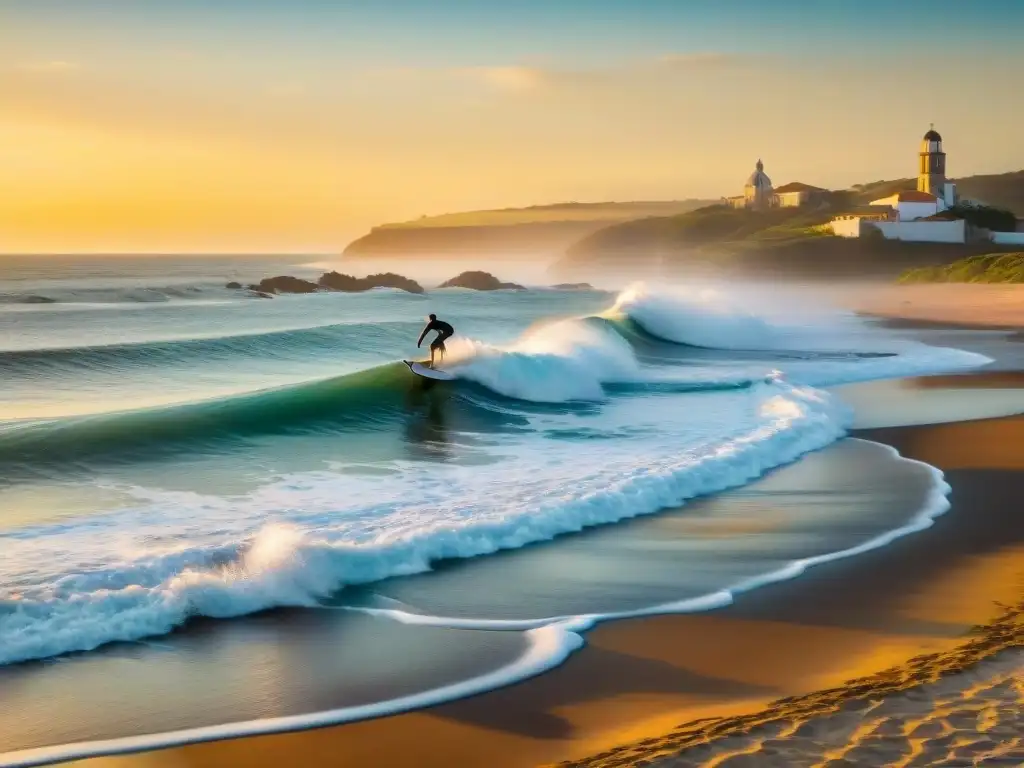 Surf clásico en Uruguay: surfistas en longboards retro surfeando al atardecer en una playa pintoresca